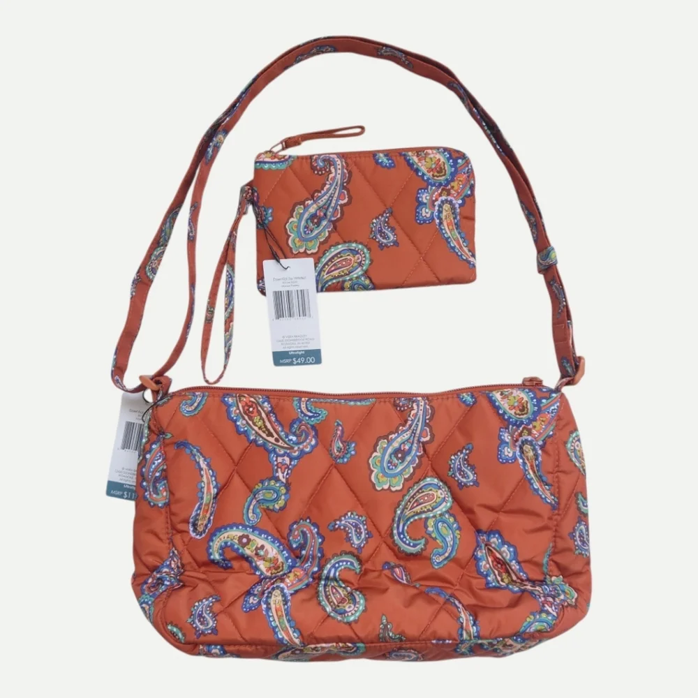 VERA BRADLEY Minor Paisley Quilted Shoulder Bag and Wristlet Pouch Set Orange